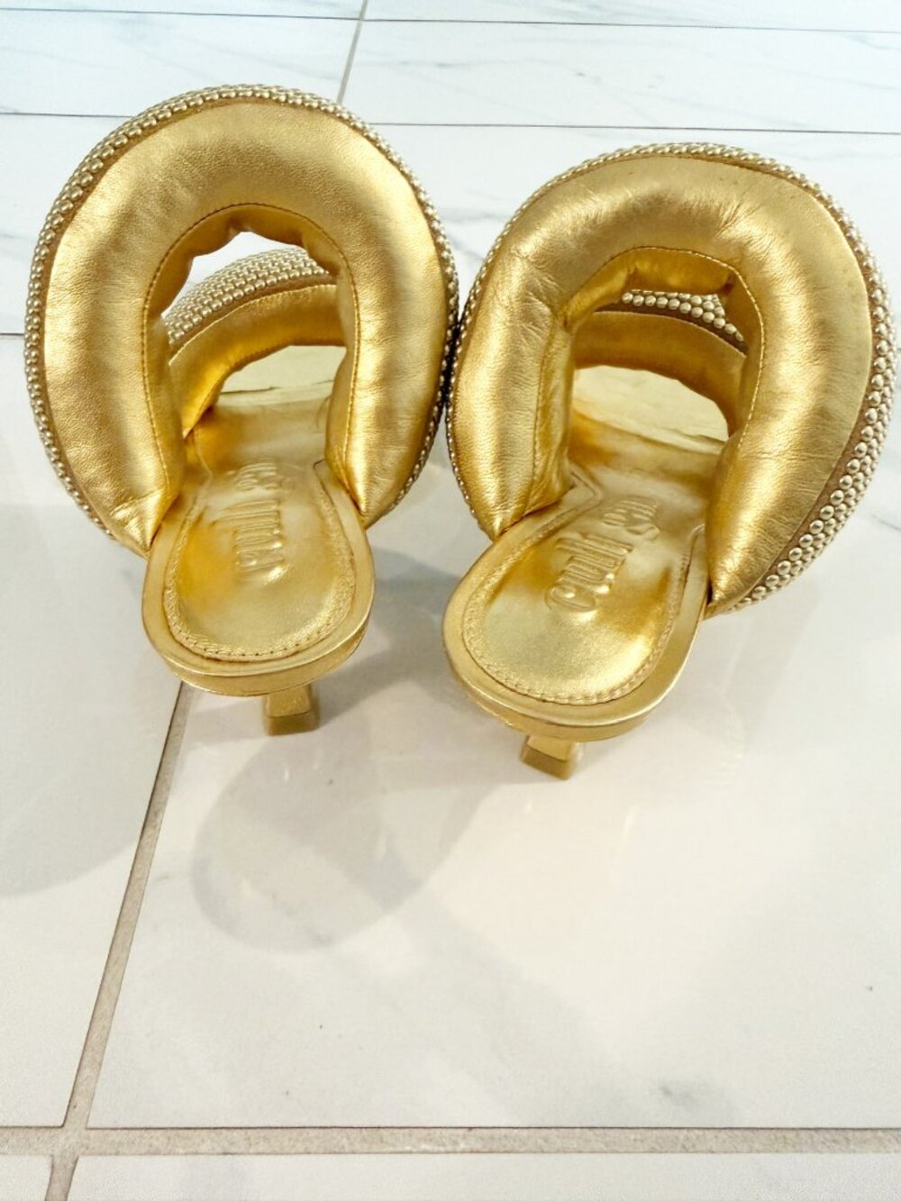 CULT GAIA Rue Studded Metallic Padded Leather Mules In Gold - Picture 4 of 6